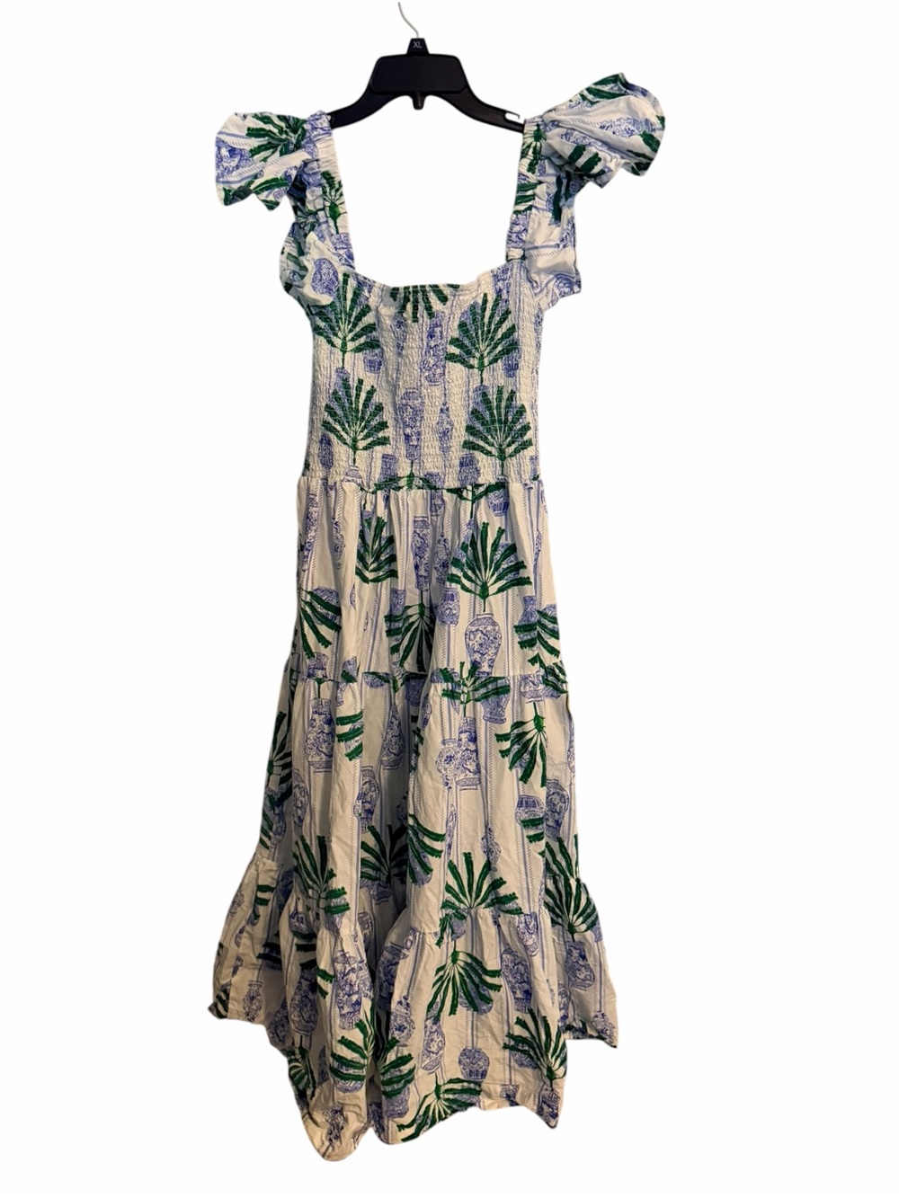 Green Palm-Print Smocked Midi Dress